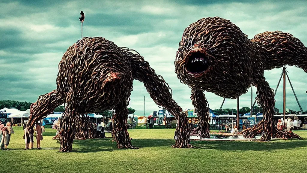 Image similar to the strange creature at the county fair, made of water and oil, film still from the movie directed by Denis Villeneuve with art direction by Salvador Dalí, wide lens