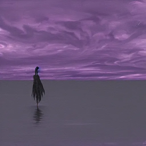 Image similar to a weeping demon crouching in the middle of a shallow sea, purple sky and black clouds, in style of Francis Bacon, hd, 8k resolution, high detail