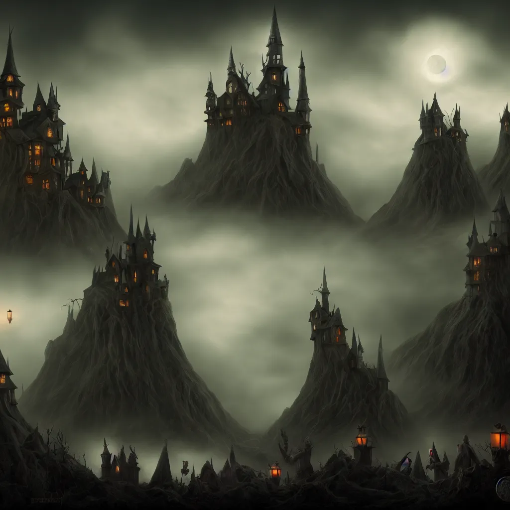 Prompt: evil witches, a detailed matte painting, fantasy, foggy, dark, 8 k