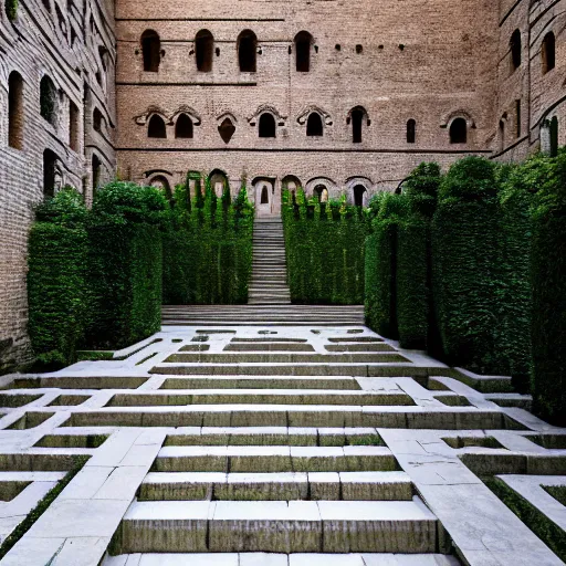 Prompt: courtyard complex of a labyrinthine monastary made of thousands of iteratively stacked and interlocked stones and bricks and wood, fusion of carlo scarpa and louis kahn, ivy growing on the bricks, people walking around and sitting on steps, architectural photography