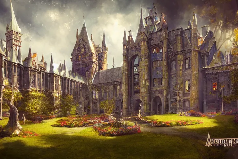 Image similar to A magical college viewed from the outide, texture, intricate, details, highly detailed, masterpiece, architecture, building, trending on artstation, focus, sharp focus, concept art, digital painting, fantasy, sunny, day, midday, in the style of Wizards of the Coast