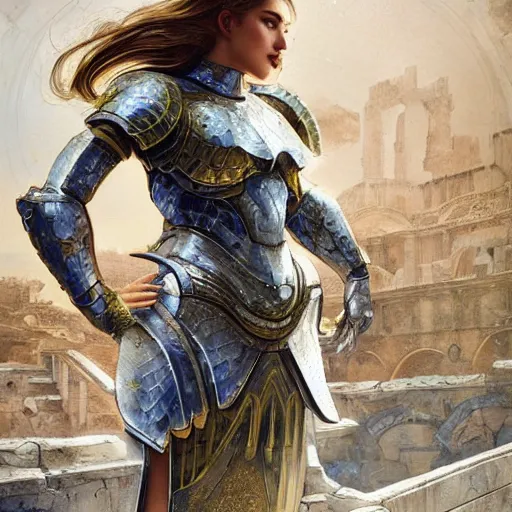 Image similar to portrait knights of Zodiac girl, silver and metalic blue color reflected armor, in ruined Agora of Athens, ssci-fi, fantasy, intricate, very very beautiful, elegant, golden light, highly detailed, digital painting, artstation, concept art, smooth, sharp focus, illustration, art by tian zi and WLOP and alphonse mucha