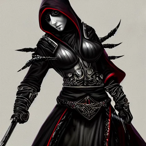 Image similar to character portrait of female hooded ninja thief beetle - rider, battle hardened imposing noble bearing, partially cloaked and hooded in thick black fabrics - exquisitely detailed weaponry and ornate staff, battle armor, dark forest fantasy atmosphere. dramatic lighting, digital painting, intricate, beautiful, rich deep colors masterpiece, sharp focus, ultra detailed