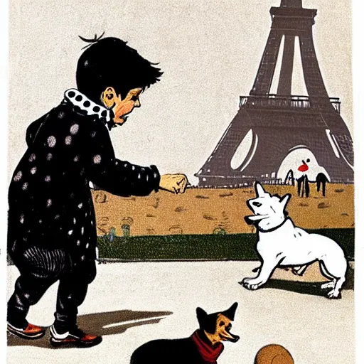 Image similar to book illustration of a french boy on the streets of paris playing football against a corgi, the dog is wearing a polka dot scarf, 1 9 6 6