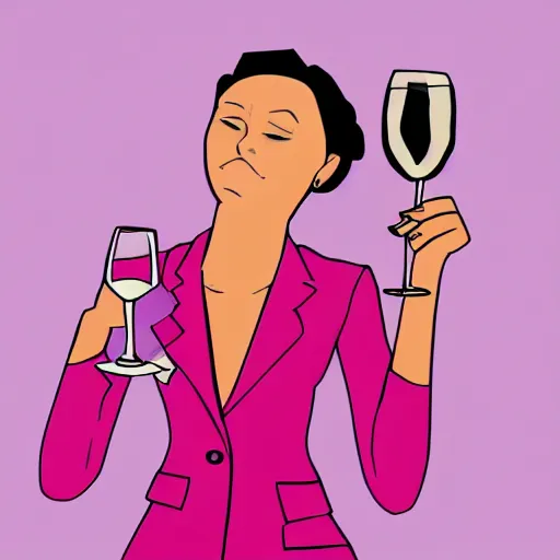 Prompt: line art of a girl drinking wine wearing a pink suit on pink background