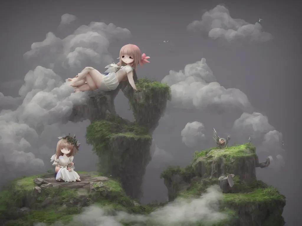 Image similar to cute fumo plush gothic angel maiden girl sitting on a floating island, isometric projection, wisps of smoke and volumetric fog, vignette, orthographic, vray