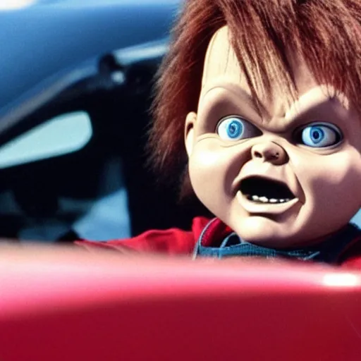 Image similar to chucky driving a race car, movie still