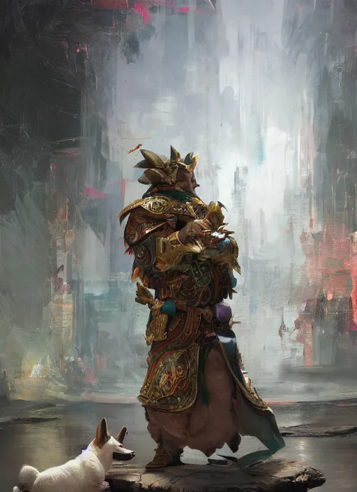 Image similar to beautiful fantasy painting of corgi god blessing human, by Ruan Jia, Pascal Blanche, Jake Parker. Trending on Artstation, 8k, masterpiece, graffiti paint, fine detail, full of color, intricate detail