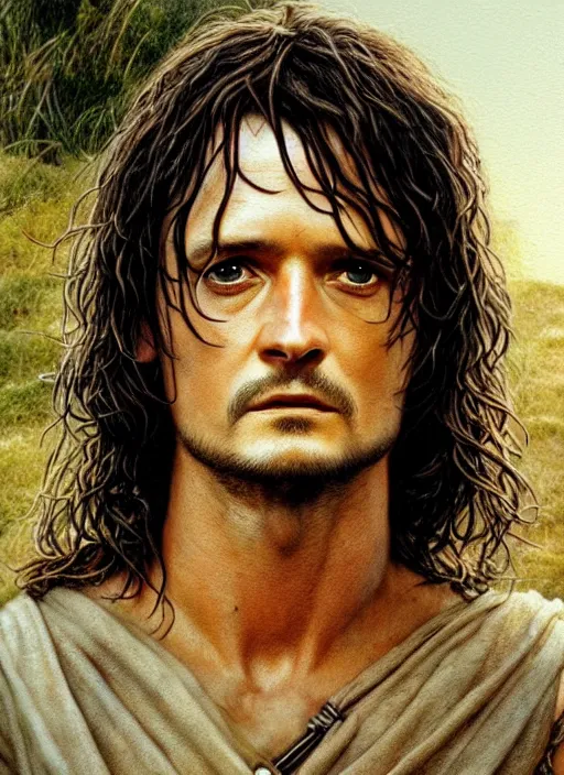 Prompt: Orlando Bloom as Aragorn by Alan Lee, very detailed eyes, golden hour, concept art, detailed clothing, art station, oil painting