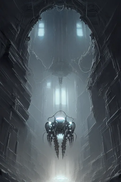 Image similar to professional concept art of a symmetrical fractal ominous floating robotic terrifying thing in a dark room by artgerm and greg rutkowski ( thin white border ). an intricate, elegant, highly detailed digital painting, concept art, smooth, sharp focus, illustration, in the style of cam sykes, wayne barlowe, igor kieryluk.