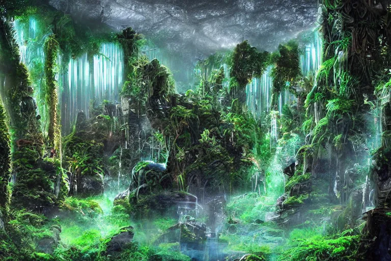 Image similar to high - tech atlantean scifi ruins in the jungle covered in moss, hologram projections, forest spirits dancing, fantasy concept art