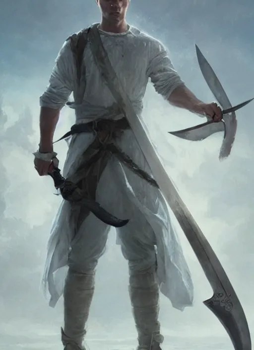 Image similar to a young man with wide, intense eyes. he is bald and clean shaven, dressed entirely in white and holding a huge sword. painting by greg rutkowski and raymond swanland