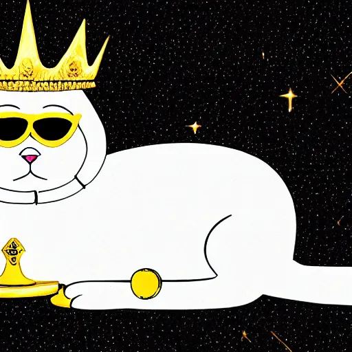 Image similar to a cartoon art of a white cat wearing a golden crown and black goggles