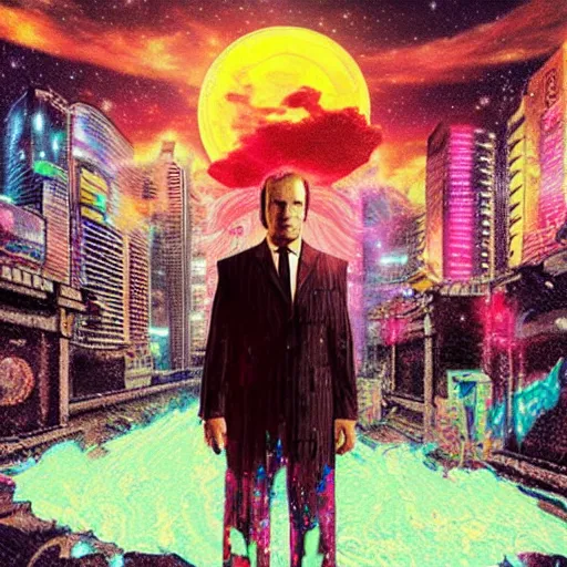 Prompt: Infinite universe, cyberpunk, vaporwave, ancient style, more random things, Saul Goodman