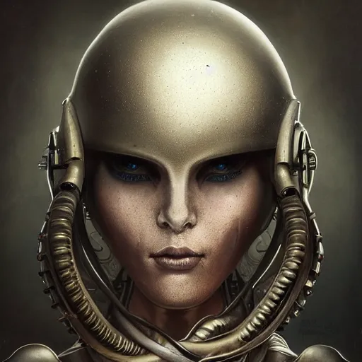 Prompt: tom bagshaw, curiosities carnival fallout, photorealistic medium shot soft paint of a single beautiful bald female full long futuristic metallic armor very tight metal helmet tentacles geared ornate, face, gynoid cyborg body, accurate features, focus, very intricate ultrafine details, award winning masterpiece