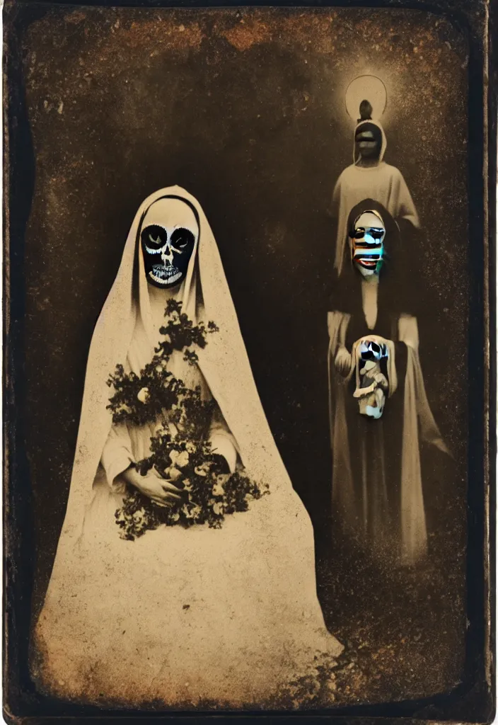 Image similar to daguerreotype, full body view, one woman, virgin mary, dia de muertos dress and make up