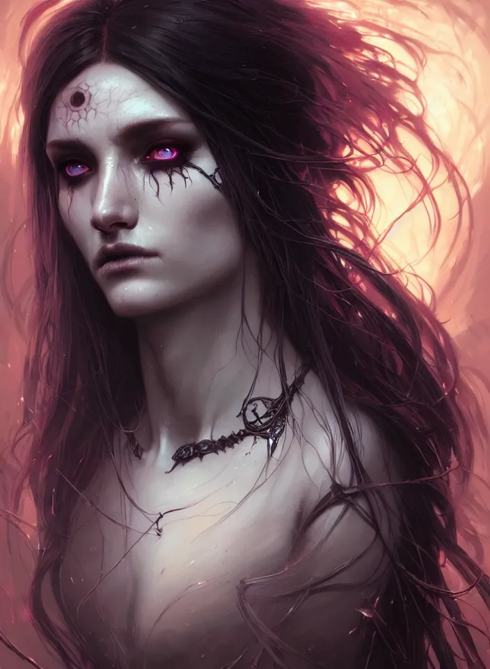 Image similar to Necromancer Sorceress face close-up macro in center, fantasy magic, undercut hairstyle, dark light night, intricate, elegant, sharp focus, illustration, highly detailed, digital painting, concept art, matte, art by WLOP and Artgerm and Greg Rutkowski and Alphonse Mucha, masterpiece