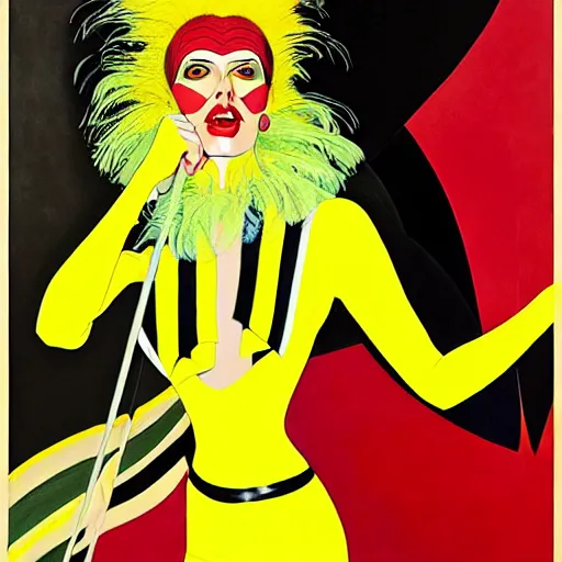 Image similar to art by joshua middleton, a medium shot portrait of the golden creeper, a tall manically smiling yellow - skinned woman with green and black striped cycling shorts and wearing a long red and black striped ostrich feather boa, yellow makeup, mucha, kandinsky, poster, art deco motifs, comic art, stylised design, scarlet feather boa