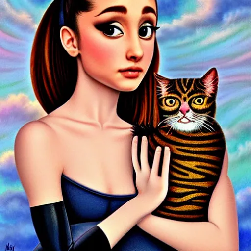 Image similar to ariana grande holding an extremely annoyed, hissing cat, lowbrow painting by mark ryden