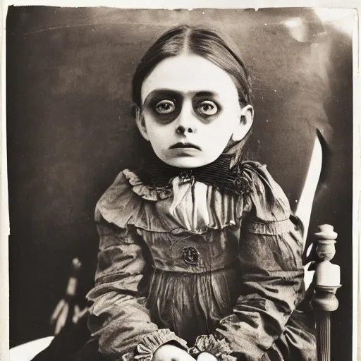Prompt: a color photo of young sad victorian gothic child with big eyes and wide grin sitting on a sofa of bones surrounded by a cyber futuristic cityscape made of human body parts, sigma 8 5 mm, award winning photography