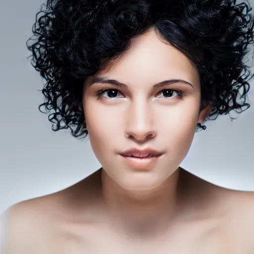 Image similar to portrait of a young lady with curly black hair with, round face, big brown eyes, volumetric lighting,