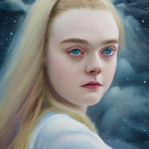 Prompt: professional painting of Elle Fanning in the style of John Harris, head and shoulders portrait, symmetrical facial features, smooth, sharp focus, illustration, intricate, stormy weather, extremely detailed masterpiece,