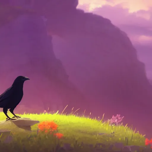 Image similar to a wholesome animation key shot of a crow on a hill, portrait shot, centered subject, studio ghibli, pixar and disney animation, sharp, rendered in unreal engine 5, anime key art by greg rutkowski, bloom, dramatic lighting