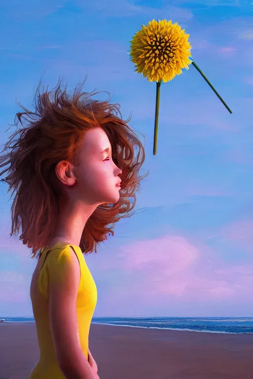 Prompt: closeup girl with huge yellow dahlia flower head, on beach, surreal photography, blue sky, sunrise, dramatic light, impressionist painting, digital painting, artstation, simon stalenhag