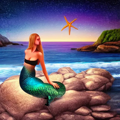 Image similar to a mermaid sitting on a rock, beach, starry sky, sunset