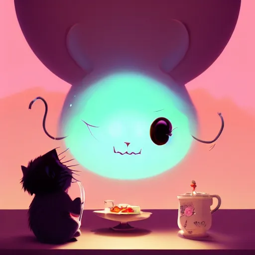 Image similar to cheshire cat drinking tea, in the style of atey ghailan and james gilleard and goro fujita, exquisite lighting, art, very coherent, trending on artstation