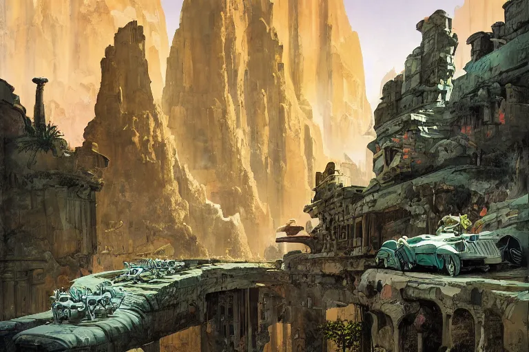 Prompt: an architectural painting of stray wild animals roaming among the ruins of an archaic city of ancient persia looming above a canyon by syd mead and frank frazetta and james gilleard in the style of hugh ferriss, ancient persian architrcture by hugh ferriss and peter mohrbacher