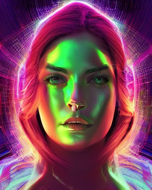 Image similar to a powerful energy psychedelic matrix woman, by alexander fedosav, hyper detailed digital matte painting, concept art, hyperrealism, 1 6 k resolution, cinema 4 d, 8 k resolution, trending on artstation, behance hd, a masterpiece, by stephan martiniere, particles, cel - shaded, power bright neon energy, by david a. hardy,