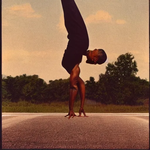 Image similar to a profile shot of barack obama doing a handstand on the highway, highly detailed, 8 k resolution, 1 9 0 0 s picture,