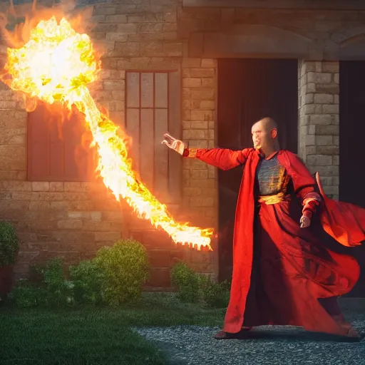 Image similar to a fire mage throwing fireballs at a house, realistic 8 k professional photography, midday lighting, defiant, octane, volumetric lighting, 7 0 mm,