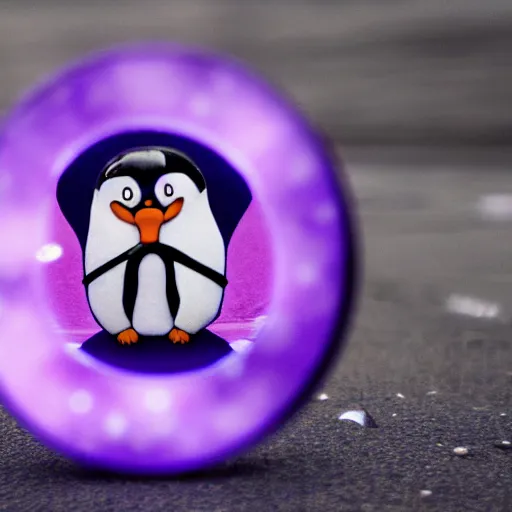 Image similar to Penguin creating magic purple magic satanic aura hula rings around the penguin while the penguin is on the streets, 40nm, shallow depth of field, split lighting, 4k,