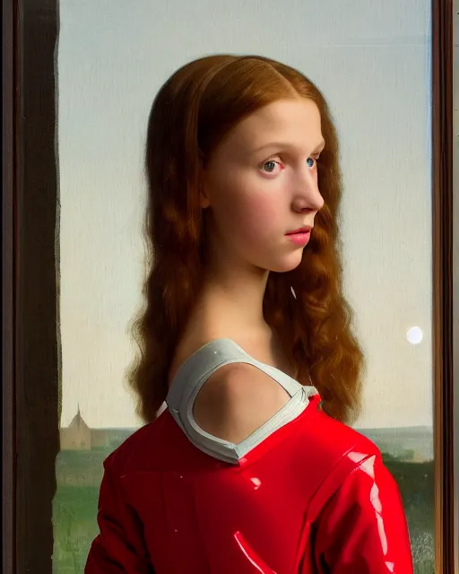 Image similar to a window - lit realistic portrait painting of a thoughtful girl resembling a young, shy, redheaded alicia vikander or millie bobby brown wearing a futuristic red plastic spacesuit, lit by an oval window at the side, highly detailed, intricate, by vermeer, william bouguereau, and donato giancola, and vermeer