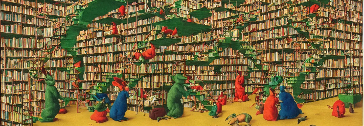 Image similar to a book store, customers are rabbit, by m. c. escher, yellow, green, red, snowy, ultra sharp, ultra detailed, happy, uplifting, colorized by salvador dali