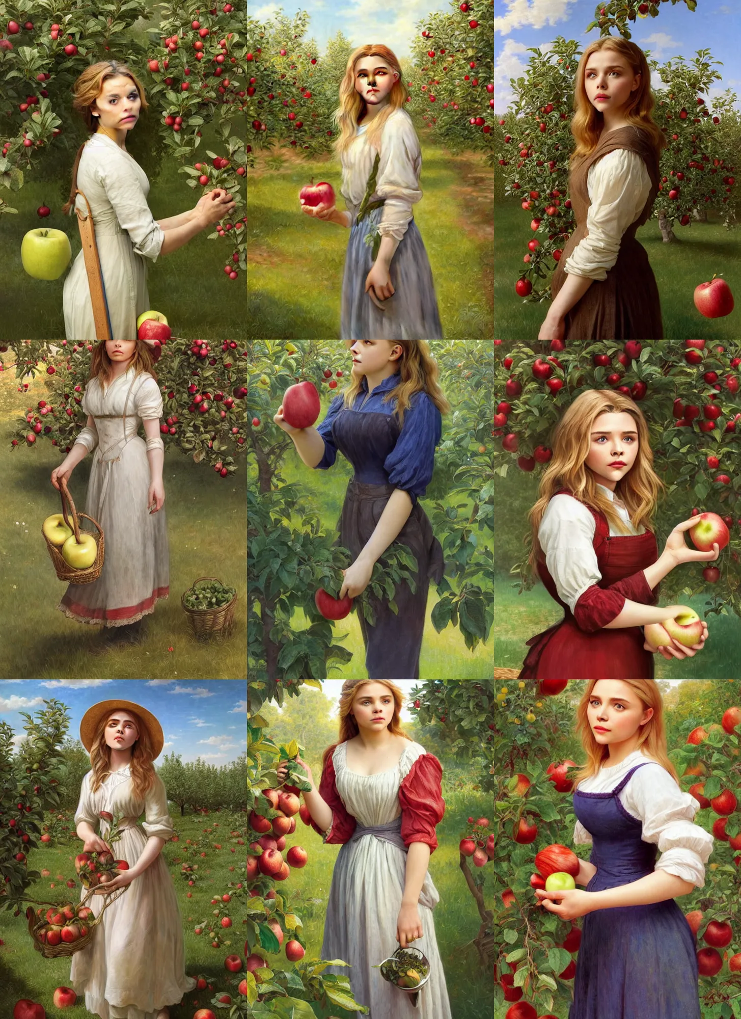 Prompt: portrait chloe moretz as gardener eating apple in apple orchard, full length shot, shining, 8k highly detailed, sharp focus, illustration, art by artgerm, mucha, bouguereau