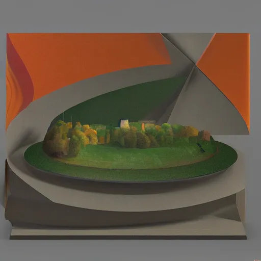 Image similar to calssical geometric ancient mountain range disk angler pollen melon lambrusco , by Paul Cezanne and Evard Munch and Odilon Redon , panorama , Zbrush Central , constructivism