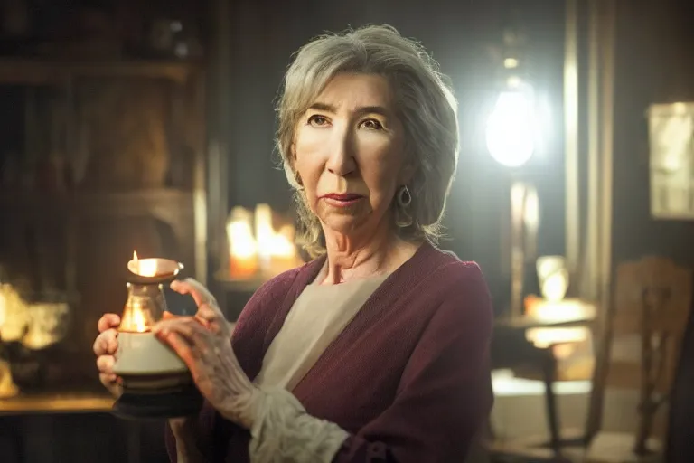 Prompt: a cinematic medium shot of lin shaye holding an oil lamp, realistic, cinematography, dutch angle, 5 0 mm, 3 point lighting, dark setting