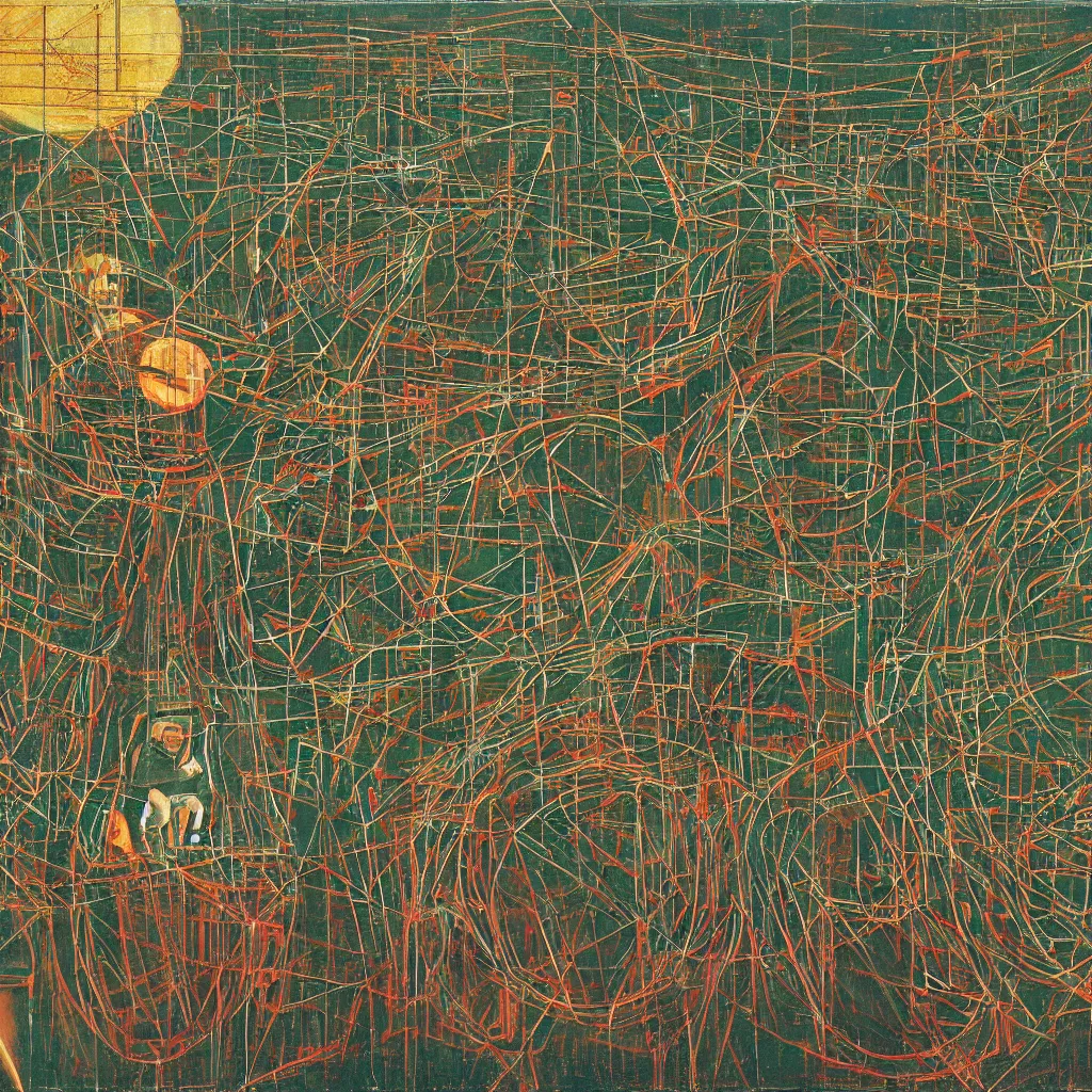 Prompt: a man eaten by a machine in the centre of the composition, encircled by cybernetic gateways, by peter doig