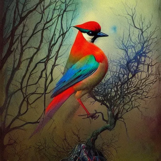 Image similar to a beautiful watercolor painting of a colorful jay in witch's garden, art by Beksinski, trending on artstation