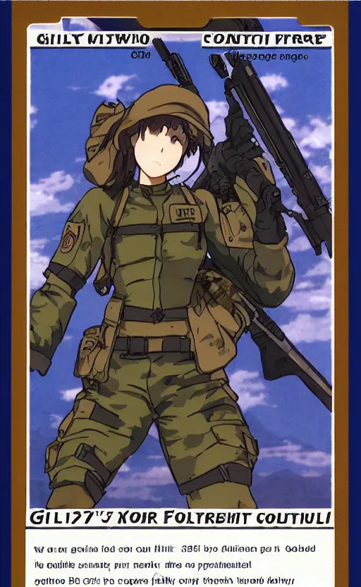 Prompt: girl, trading card front, soldier clothing, combat gear, ghibli face, illustration, by ufotable studio, green screen