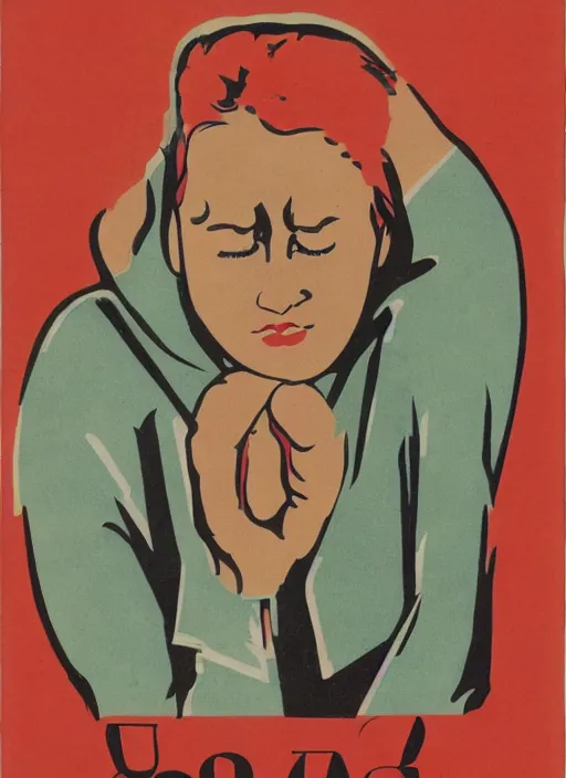 Image similar to soviet propaganda psoter of a woman covering her ears and with closed eyes