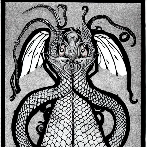 Image similar to an amalgamation of a snake, lizard, and humanoid with one angelic wing and one demonic wing with it's arms crossed in a dungeon