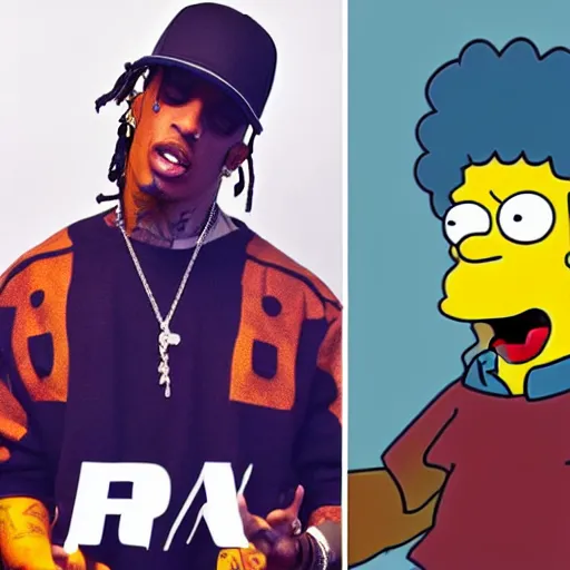 Image similar to travis scott and homer simpson rap battle, dramatic, epic