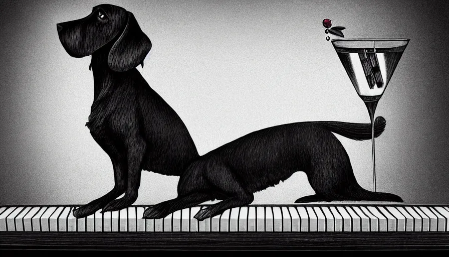 Image similar to sprocker Spaniel , sat down playing a piano.modern. Martini on the side, detailed illustration. Artwork. B&W