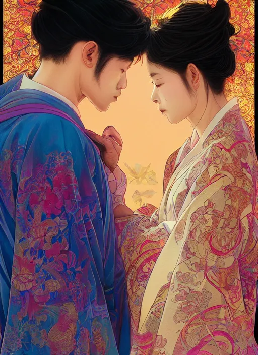 Image similar to beautiful young Asian lovers, gorgeous faces, sad eyes, tears, vaporwave aesthetic, synthwave, colorful, intricate, elegant, long beautiful flowing kimono, highly detailed, digital painting, artstation, concept art, smooth, sharp focus, illustration, art by artgerm and greg rutkowski and alphonse mucha