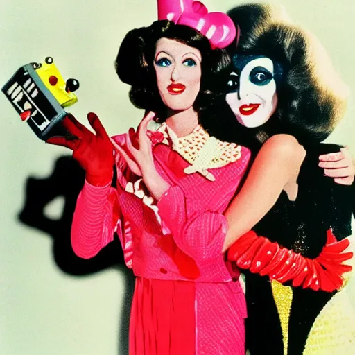 Prompt: 1976 film still glamorous woman photo and her friend, an anthropomorphic stomach, live action children's tv show, 16mm film live technicolor 1976, wacky colorful, in style of john waters doris wishman