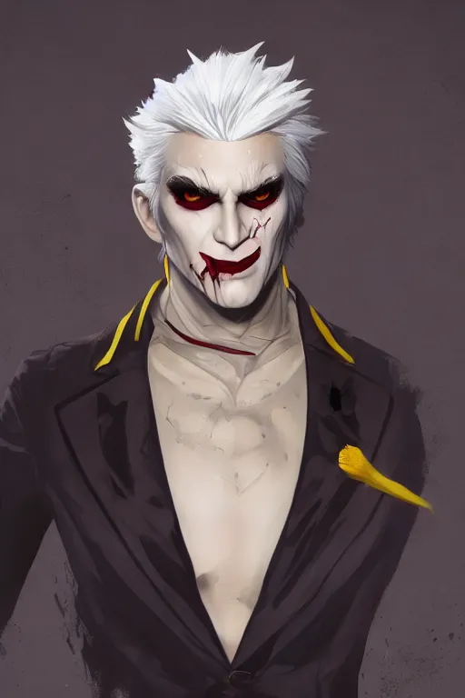 Prompt: A beautiful full body painting of a smug male vampire by kuvshinov Ilya, handsome face, dark coat, white hair, yellow eyes, , trending on artstation, pixiv, 4k, HDR, unreal engine